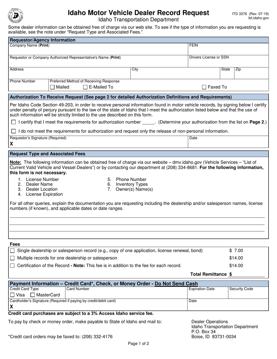 Form ITD3376 - Fill Out, Sign Online and Download Fillable PDF, Idaho ...