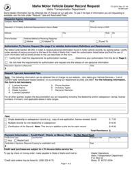 Form ITD3376 Idaho Motor Vehicle Dealer Record Request - Idaho