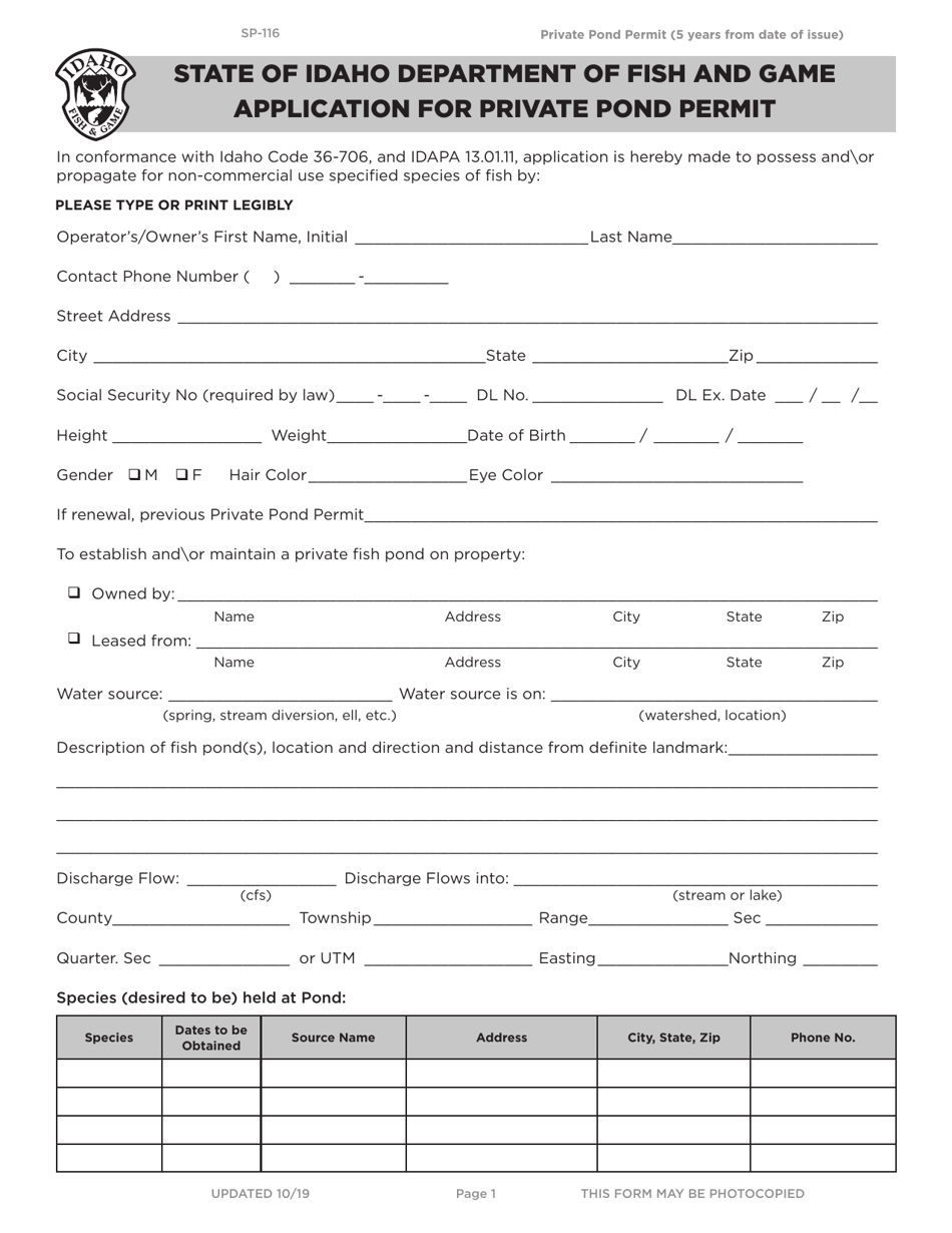 Form SP-116 Application for Private Pond Permit - Idaho, Page 1