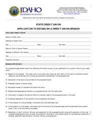 Document preview: Application to Establish a Credit Union Branch - Idaho
