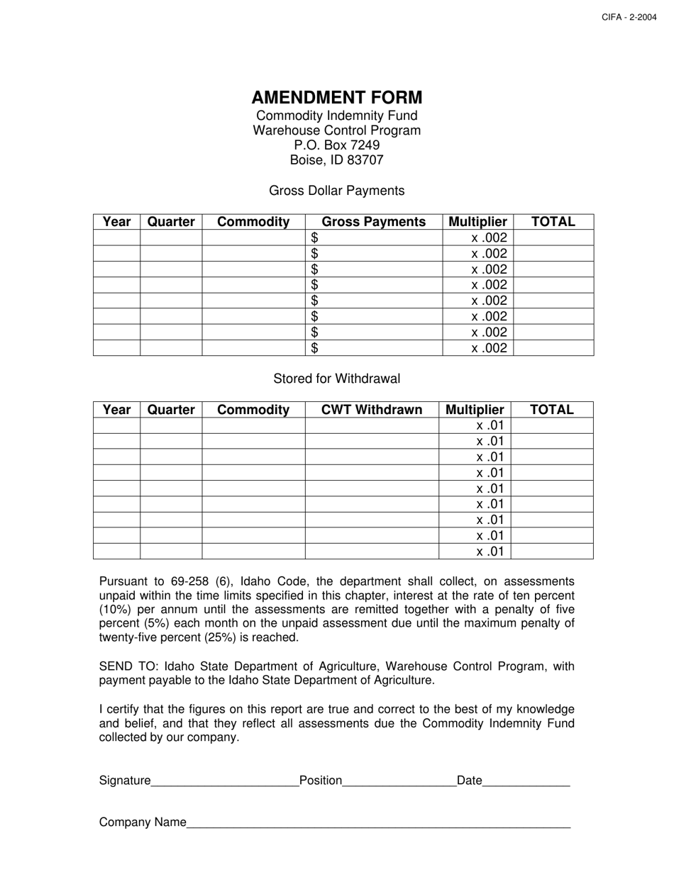 Cif Amendment Form - Idaho, Page 1