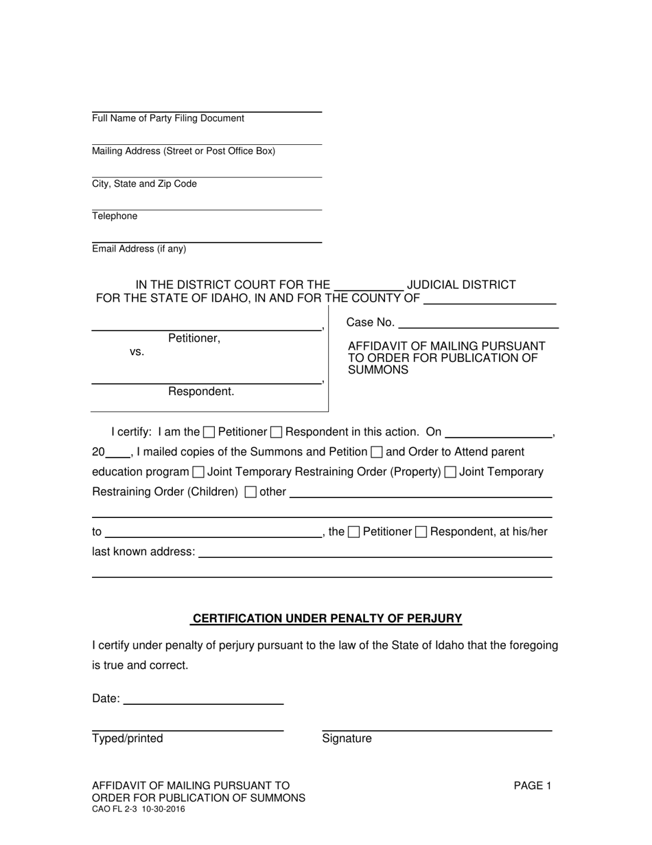 Form CAO FL2-3 Affidavit of Mailing Pursuant to Order for Publication of Summons - Idaho, Page 1
