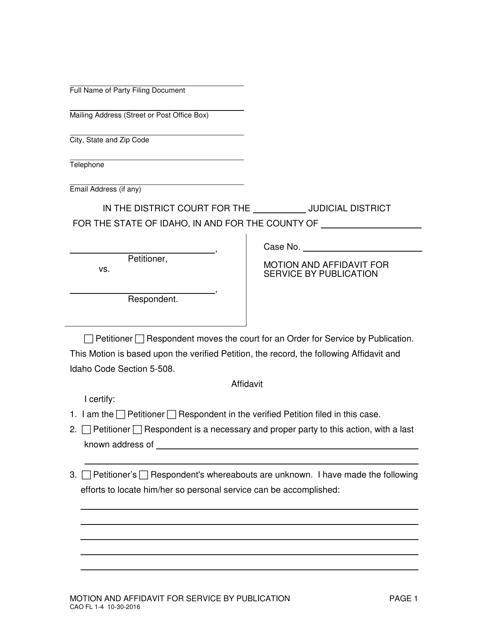 Form CAO FL1-4 Motion and Affidavit for Service by Publication - Idaho