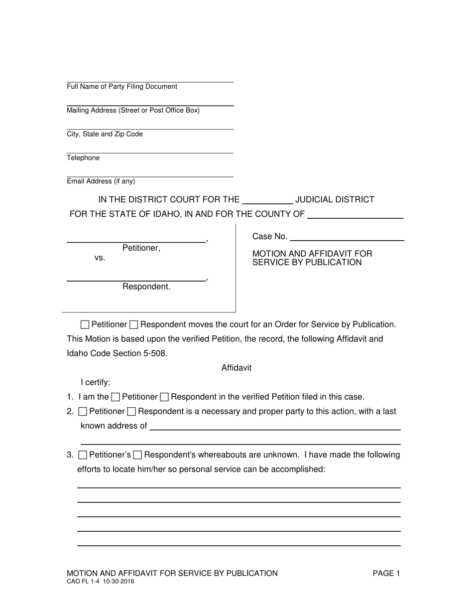 Form CAO FL1-4 Motion and Affidavit for Service by Publication - Idaho, Page 1