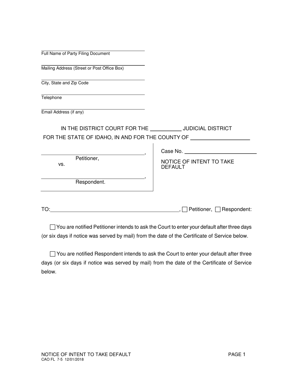 Form CAO FL7-5 Notice of Intent to Take Default - Idaho, Page 1