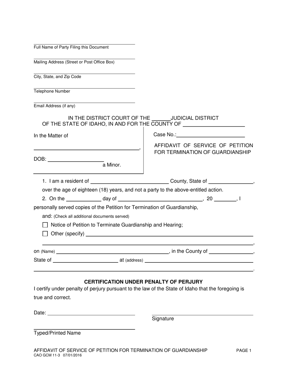Form CAO GCM11-3 Affidavit of Service of Petition for Termination of Guardianship - Idaho, Page 1