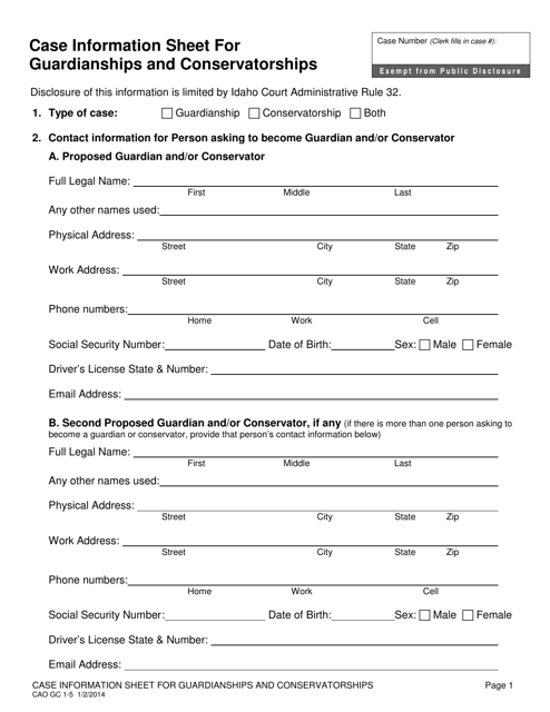 Form CAO GC1-5 Case Information Sheet for Guardianships and Conservatorships - Idaho