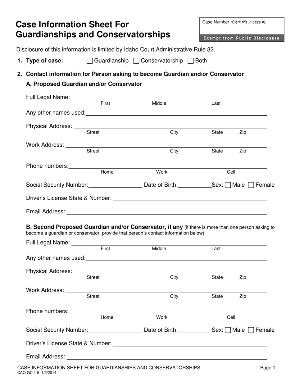 Form CAO GC1-5 Case Information Sheet for Guardianships and Conservatorships - Idaho, Page 1