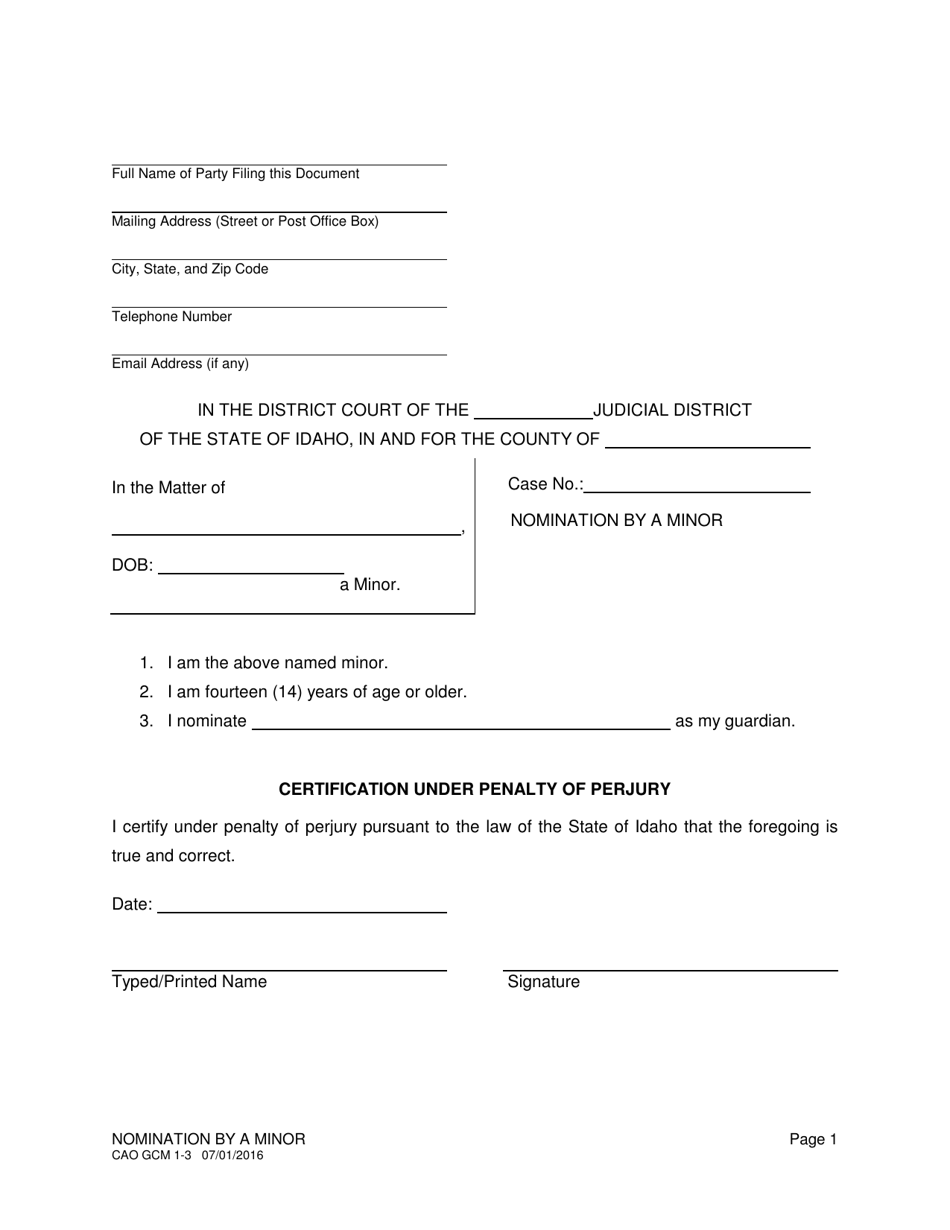 Form CAO GCM1-3 Nomination by a Minor - Idaho, Page 1