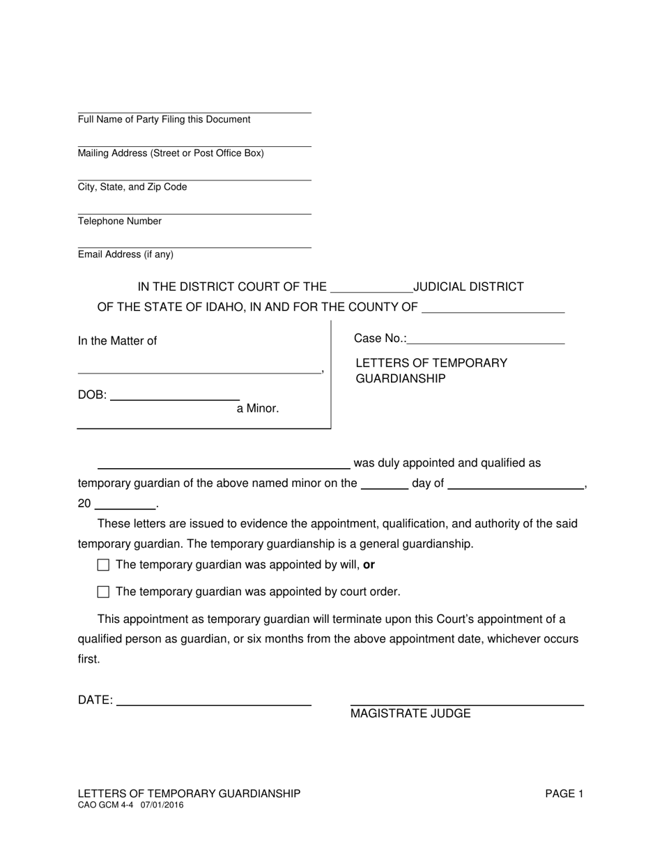 Form CAO GCM4-4 Letters of Temporary Guardianship - Idaho, Page 1