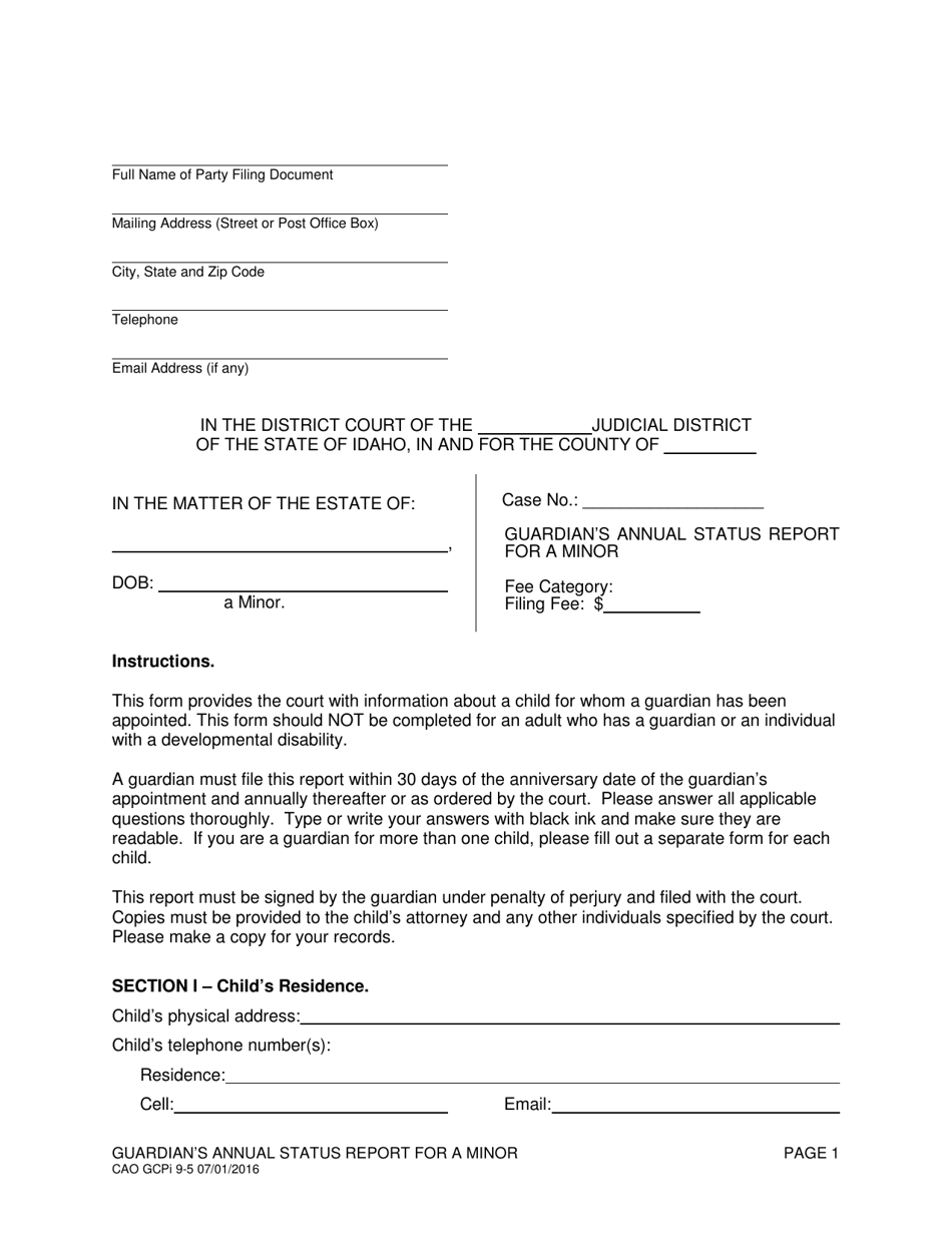 Form CAO GCPi9-5 Guardians Annual Status Report for a Minor - Idaho, Page 1