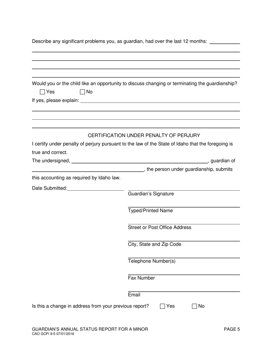 Form CAO GCPi9-5 Guardians Annual Status Report for a Minor - Idaho, Page 5