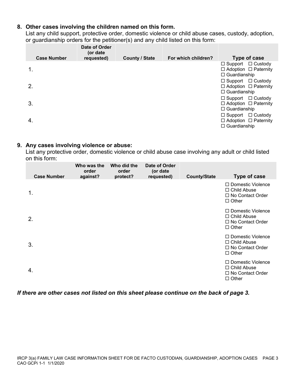 Form CAO GCPi1-1 Family Law Case Information Sheet for De Facto Custodian, Adoption and Minor Guardianship Cases - Idaho, Page 3