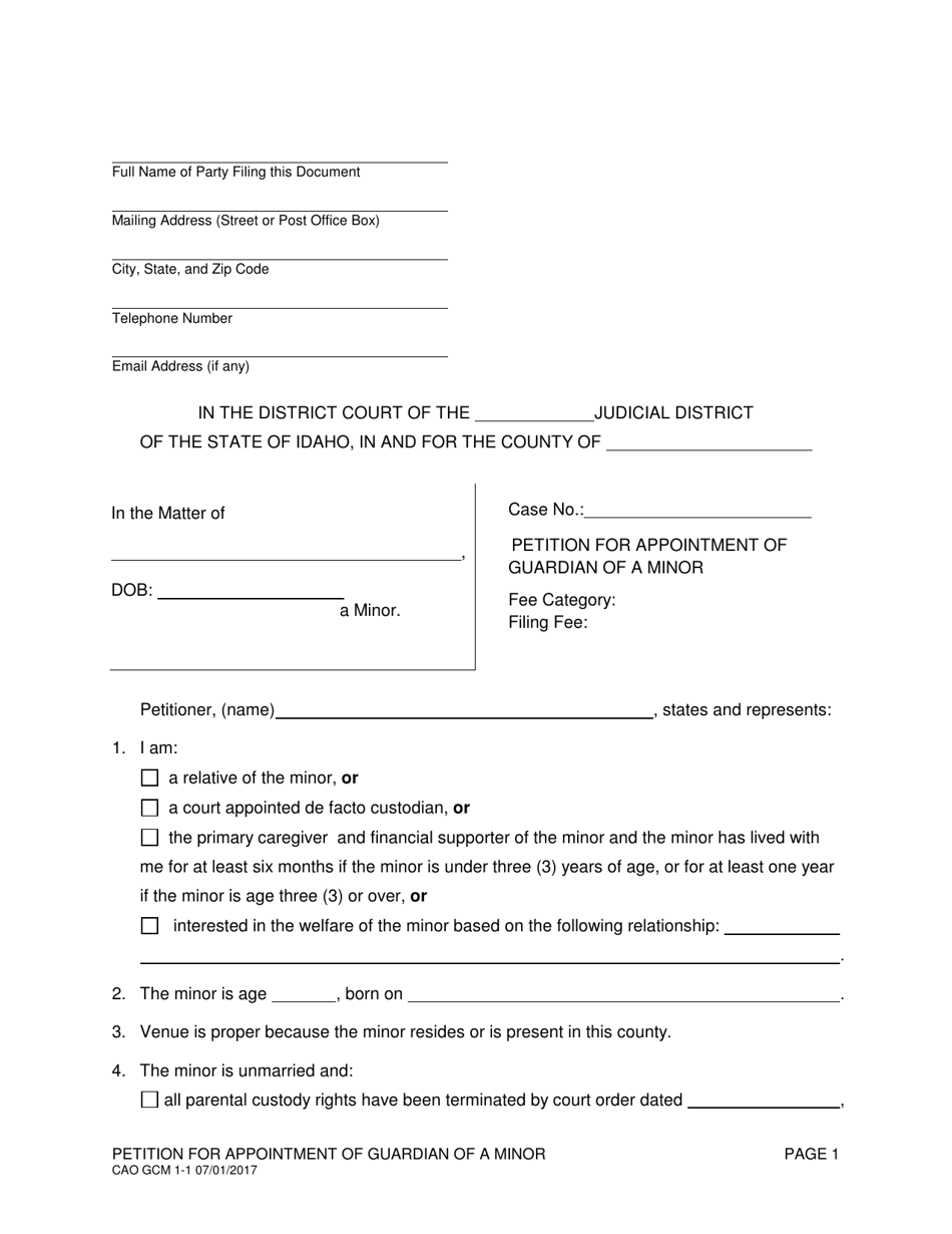 Form CAO GCM1-1 Petition for Appointment of Guardian of a Minor - Idaho, Page 1