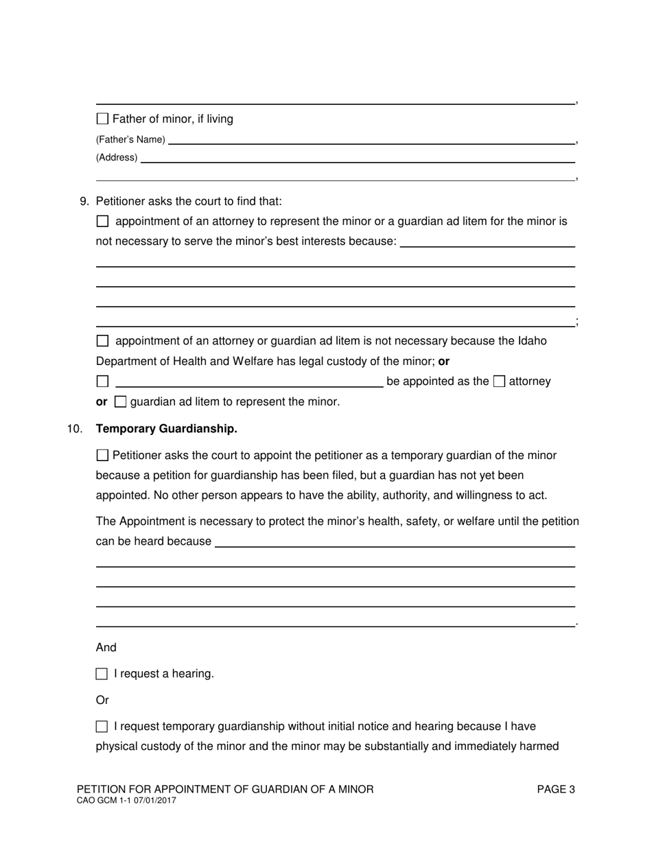 Form CAO GCM1-1 Petition for Appointment of Guardian of a Minor - Idaho, Page 3