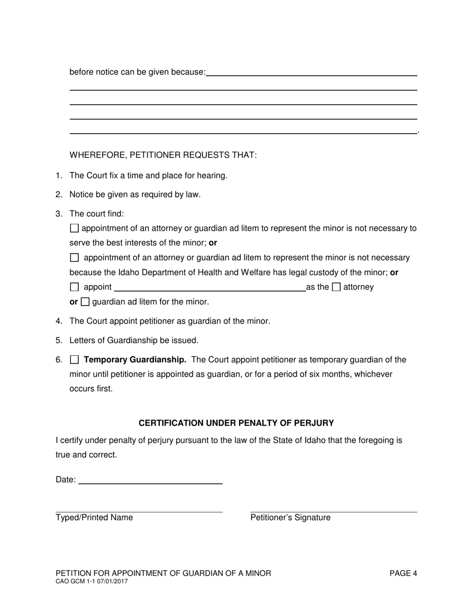 Form CAO GCM1-1 Petition for Appointment of Guardian of a Minor - Idaho, Page 4