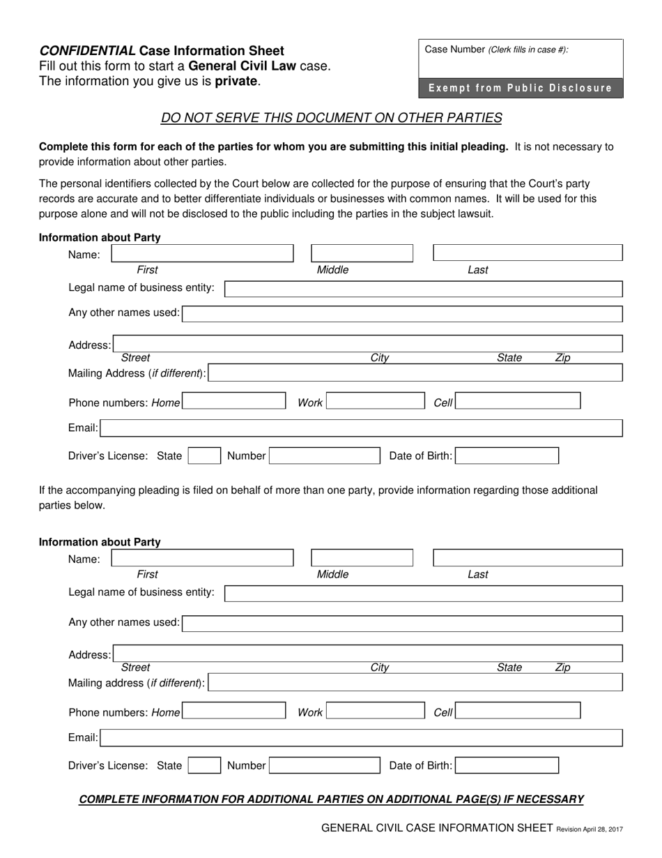 General Civil Case Information Sheet - Idaho, Page 1