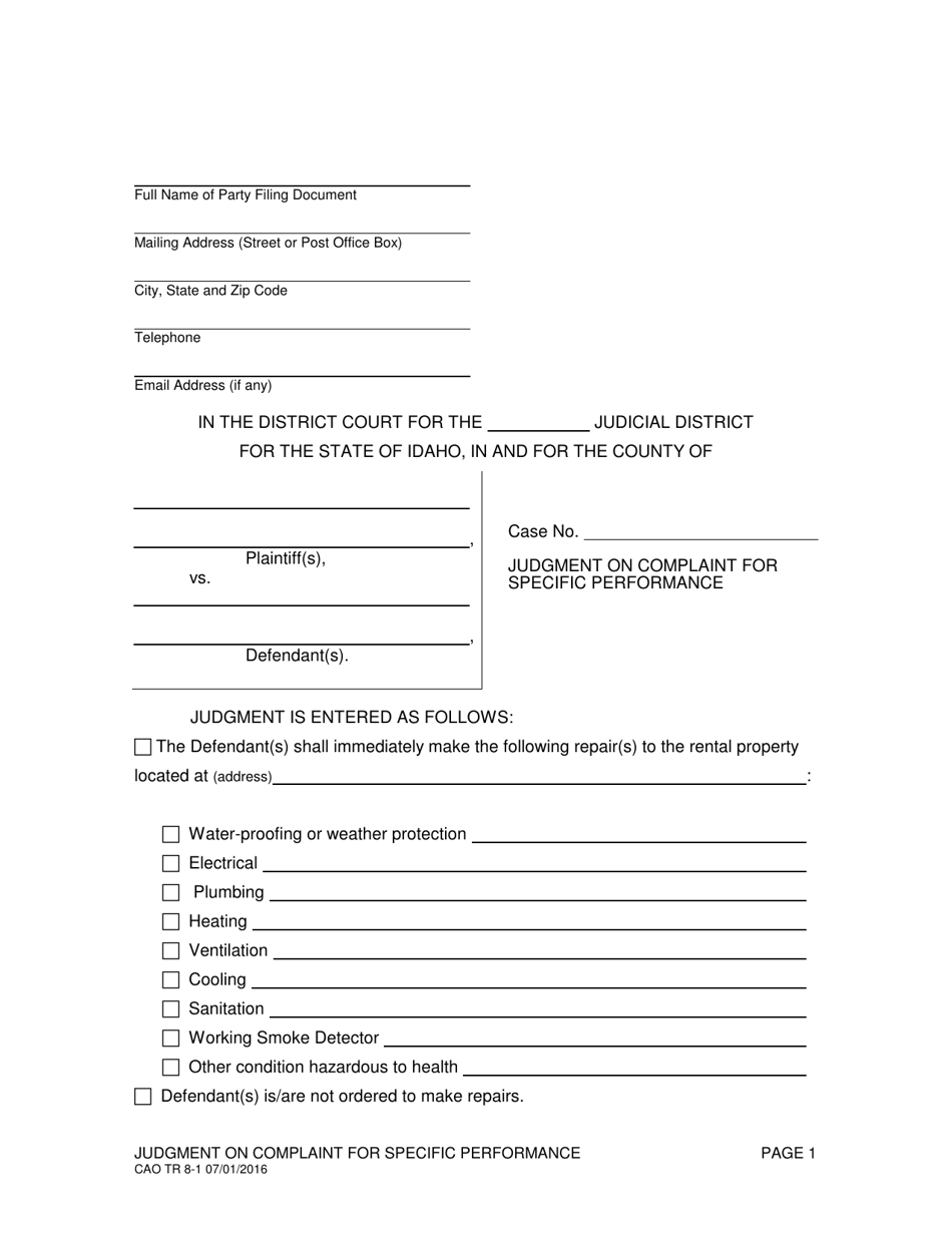 Form CAO TR8-1 Judgment on Complaint for Specific Performance - Idaho, Page 1