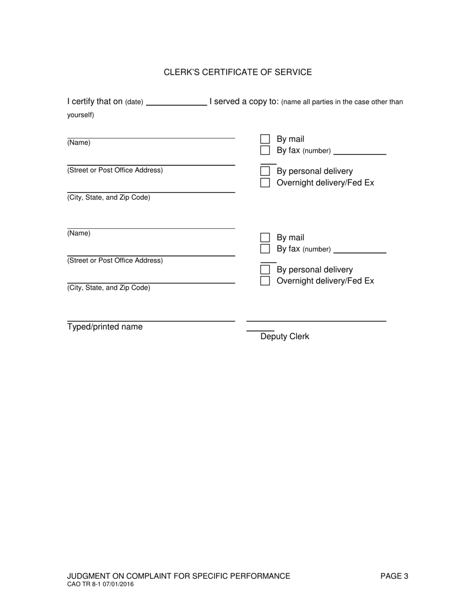 Form CAO TR8-1 Judgment on Complaint for Specific Performance - Idaho, Page 3