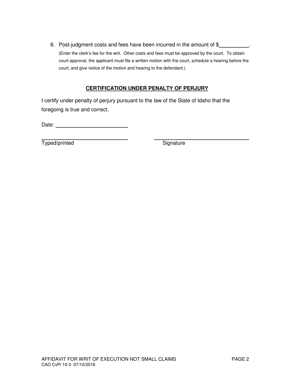 Form CAO CvPi10-3 Affidavit for Writ of Execution Not Small Claims - Idaho, Page 2