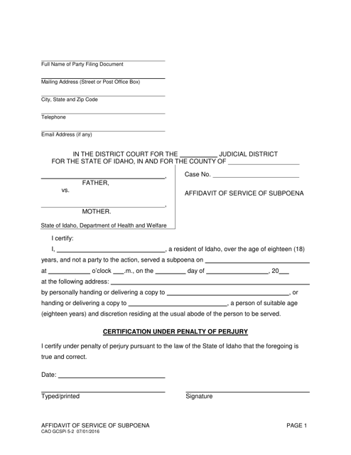 Form CAO GCSPi5-2 Affidavit of Service of Subpoena - Idaho