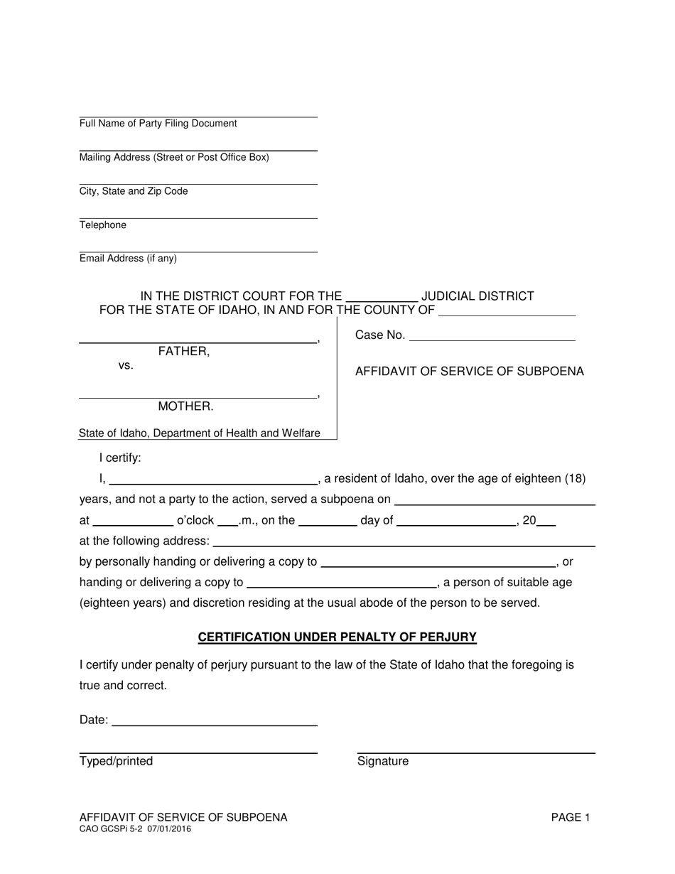 Form CAO GCSPi5-2 Affidavit of Service of Subpoena - Idaho, Page 1