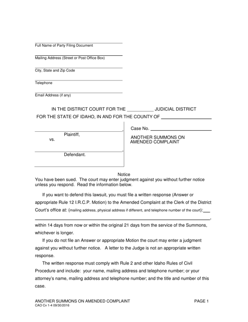 Form CAO Cv1-4 Another Summons on Amended Complaint - Idaho
