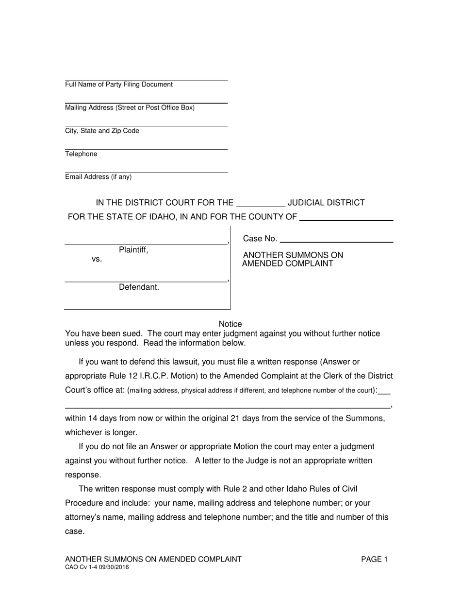 Form CAO Cv1-4 Another Summons on Amended Complaint - Idaho, Page 1