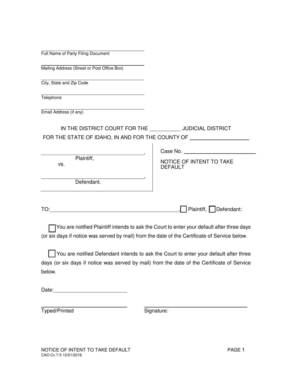 Form CAO Cv7-5 Notice of Intent to Take Default - Idaho, Page 1