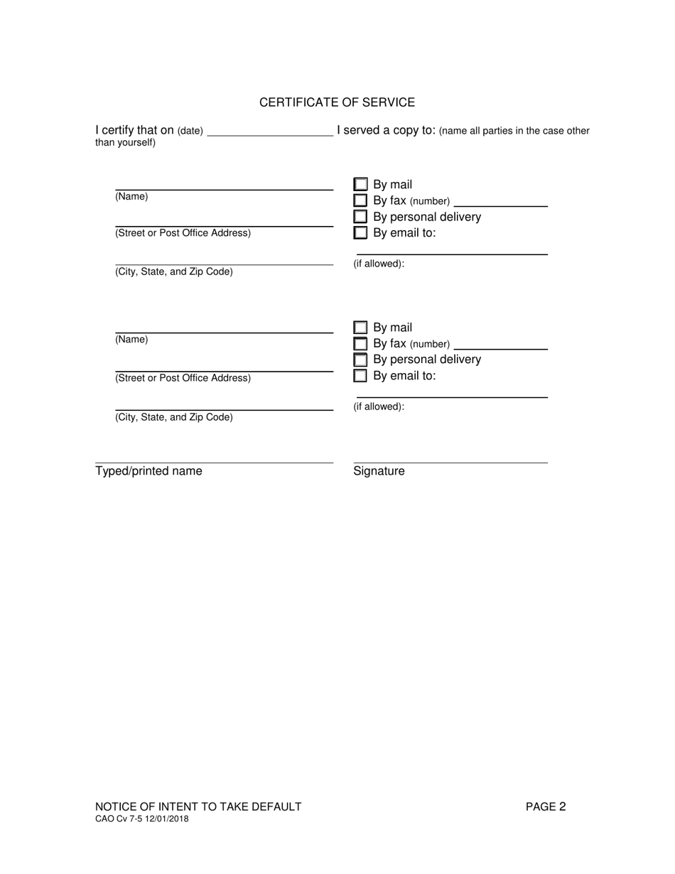 Form CAO Cv7-5 Notice of Intent to Take Default - Idaho, Page 2