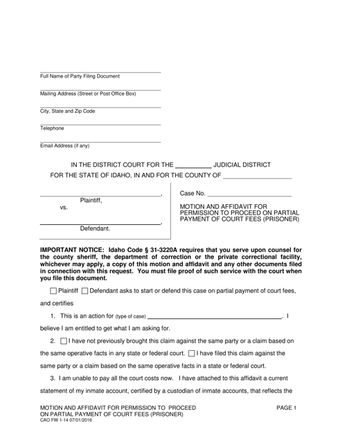 Form CAO FW1-14 Motion and Affidavit for Permission to Proceed on Partial Payment of Court Fees (Prisoner) - Idaho