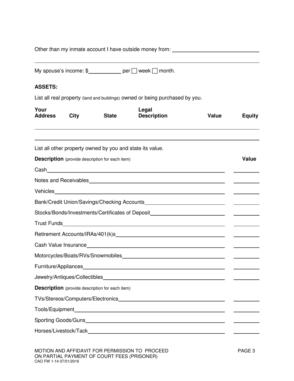 Form CAO FW1-14 Motion and Affidavit for Permission to Proceed on Partial Payment of Court Fees (Prisoner) - Idaho, Page 3