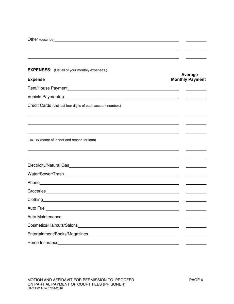 Form CAO FW1-14 Motion and Affidavit for Permission to Proceed on Partial Payment of Court Fees (Prisoner) - Idaho, Page 4
