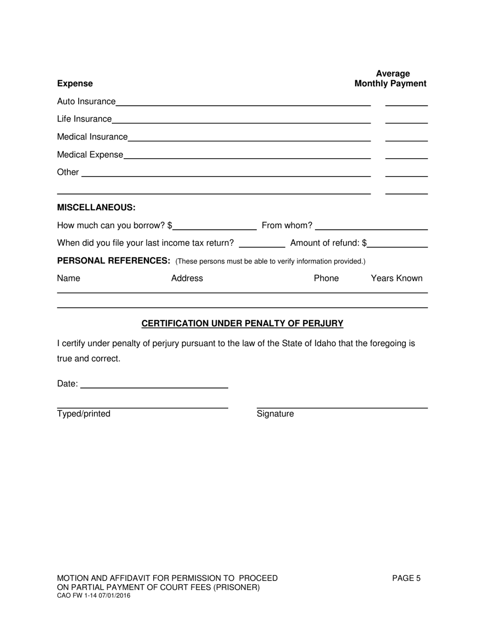 Form CAO FW1-14 Motion and Affidavit for Permission to Proceed on Partial Payment of Court Fees (Prisoner) - Idaho, Page 5