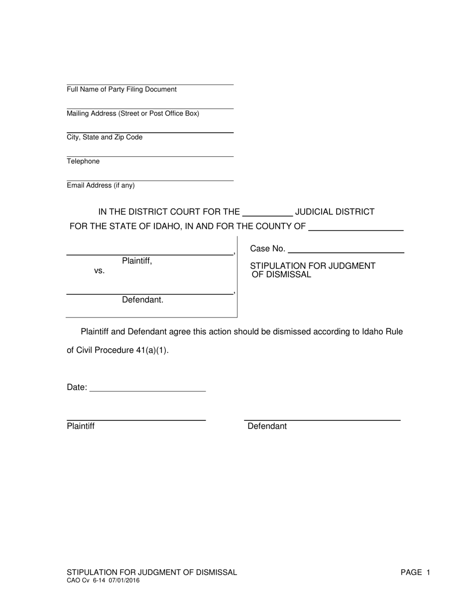 Form CAO Cv6-14 Stipulation for Judgment of Dismissal - Idaho, Page 1