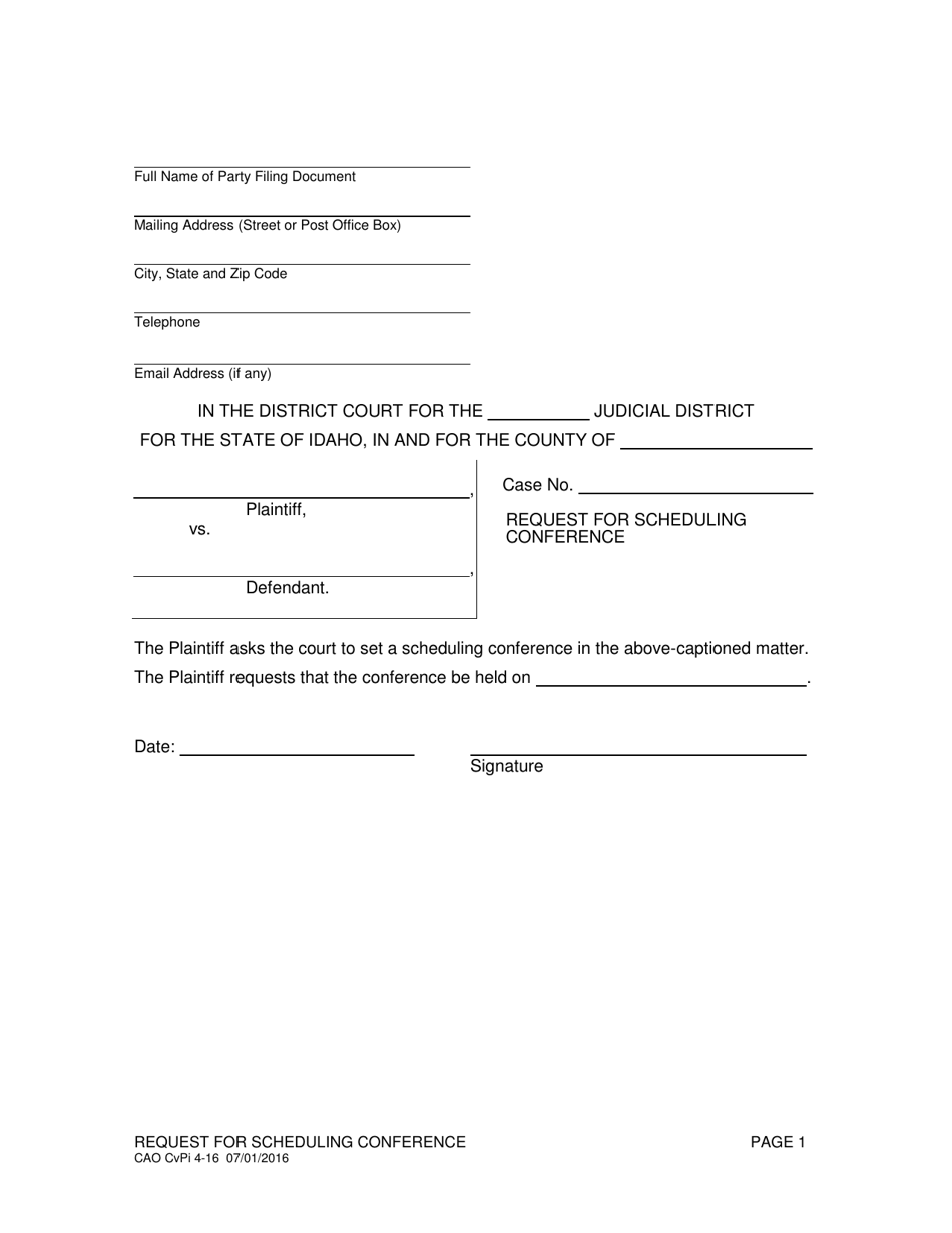 Form CAO CvPi4-16 Request for Scheduling Conference - Idaho, Page 1