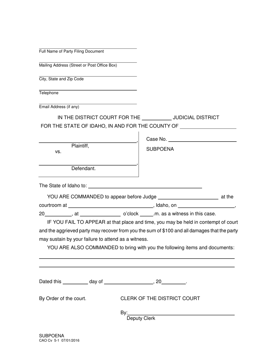 Form CAO Cv5-1 Subpoena - Idaho, Page 1