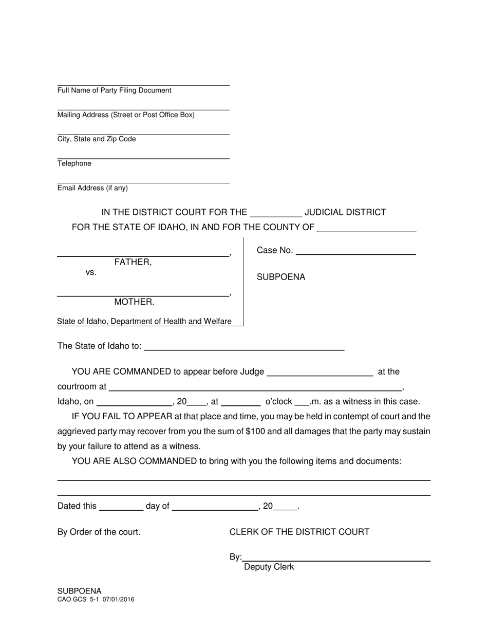 Form CAO GCS5-1 Subpoena - Idaho, Page 1