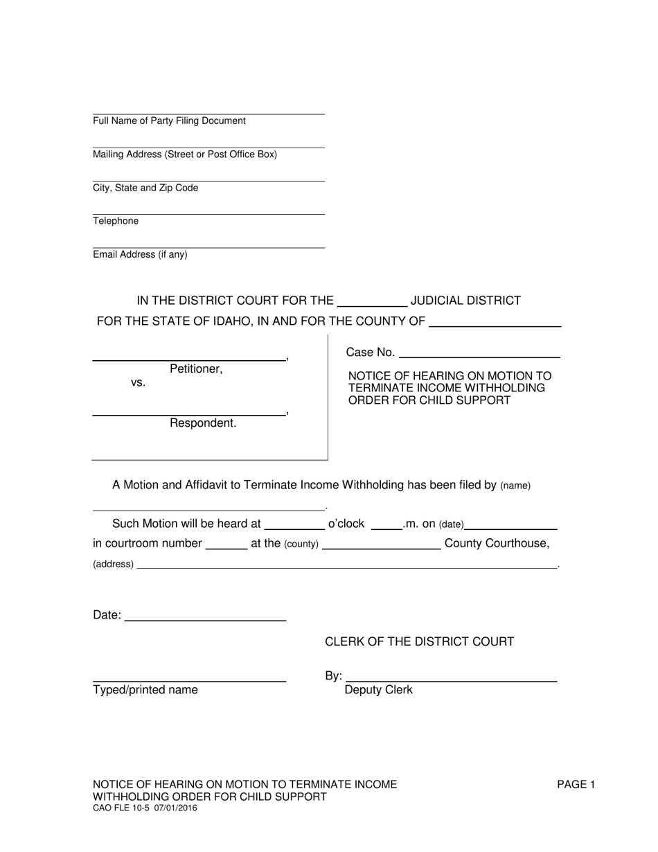 Form CAO FLE10-5 Notice of Hearing on Motion to Terminate Income Withholding Order for Child Support - Idaho, Page 1