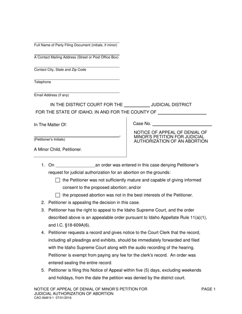 Form CAO AbM9-1 Notice of Appeal of Denial of Minor's Petition for Judicial Authorization of an Abortion - Idaho