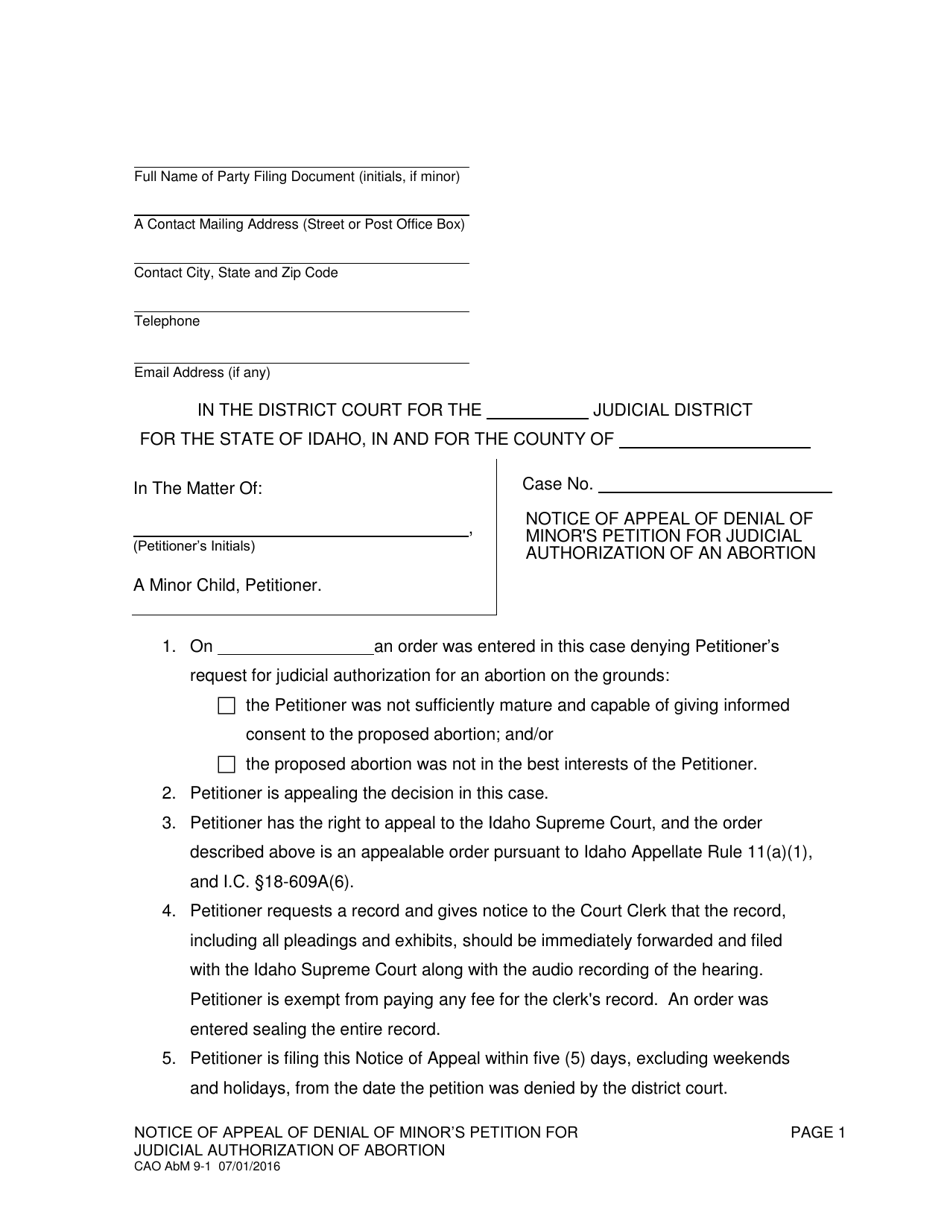 Form CAO AbM9-1 Notice of Appeal of Denial of Minors Petition for Judicial Authorization of an Abortion - Idaho, Page 1
