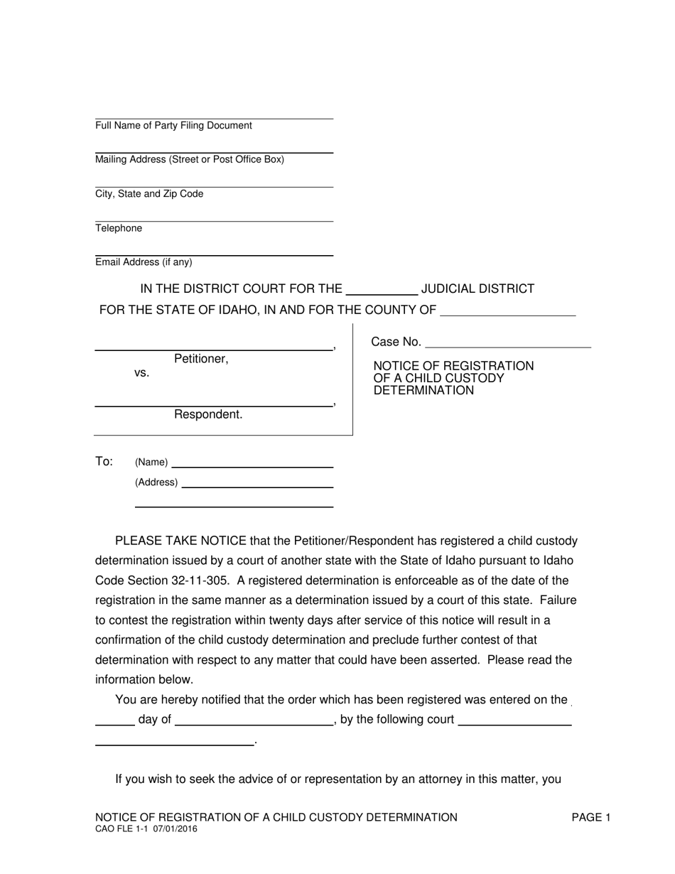 Form CAO FLE1-1 Notice of Registration of Child Custody Determination - Idaho, Page 1