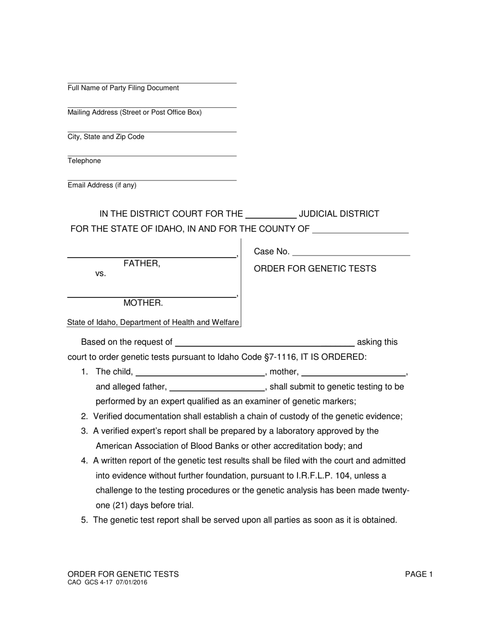 Form CAO GCS4-17 Order for Genetic Tests - Idaho, Page 1