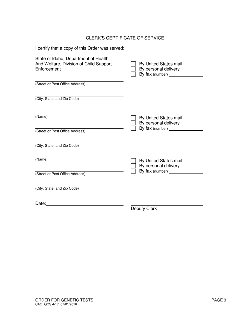 Form CAO GCS4-17 Order for Genetic Tests - Idaho, Page 3