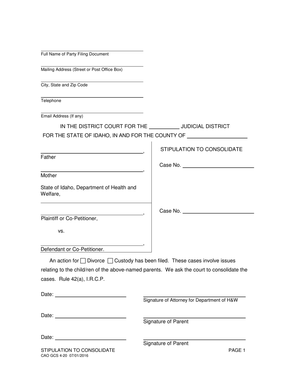 Form CAO GCS4-20 Stipulation to Consolidate - Idaho, Page 1