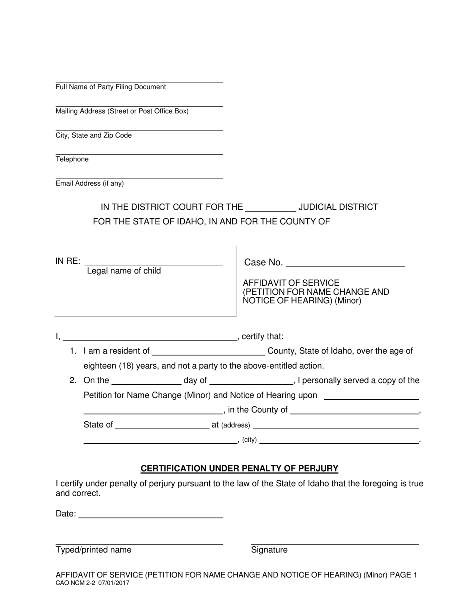 Form CAO NCM2-2 Affidavit of Service (Petition for Name Change and Notice of Hearing) (Minor) - Idaho, Page 1