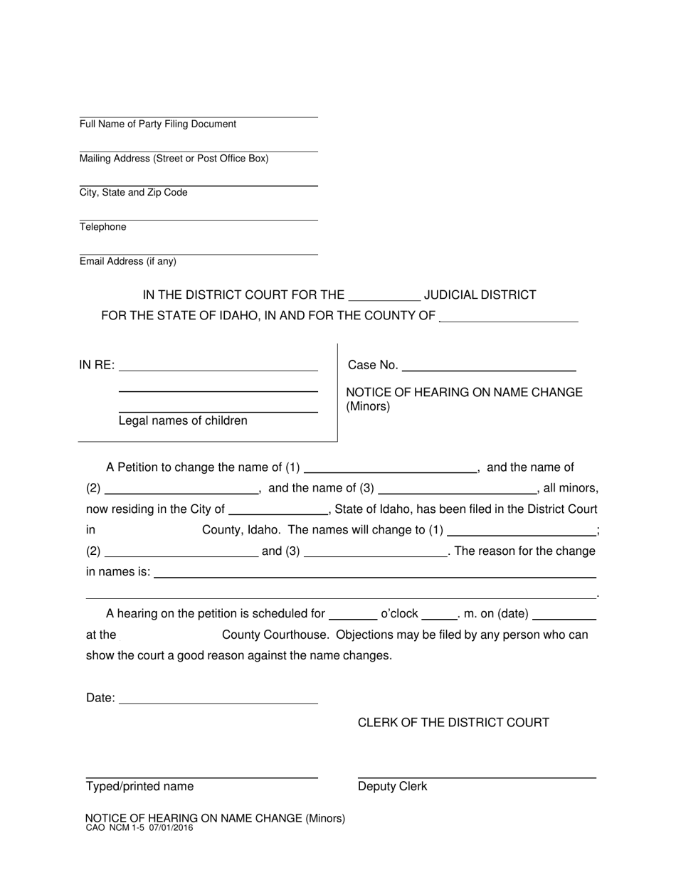 Form CAO NCM1-5 Notice of Hearing on Name Change (Minors) - Idaho, Page 1