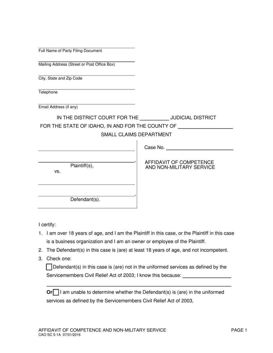 Form CAO SC5-1A Affidavit of Competence and Non-military Service - Idaho, Page 1