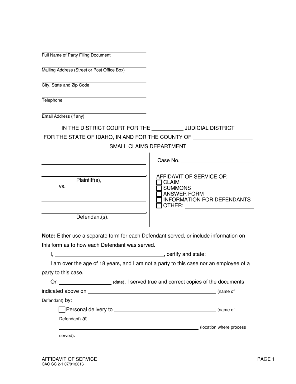 Form CAO SC2-1 Affidavit of Service - Idaho, Page 1