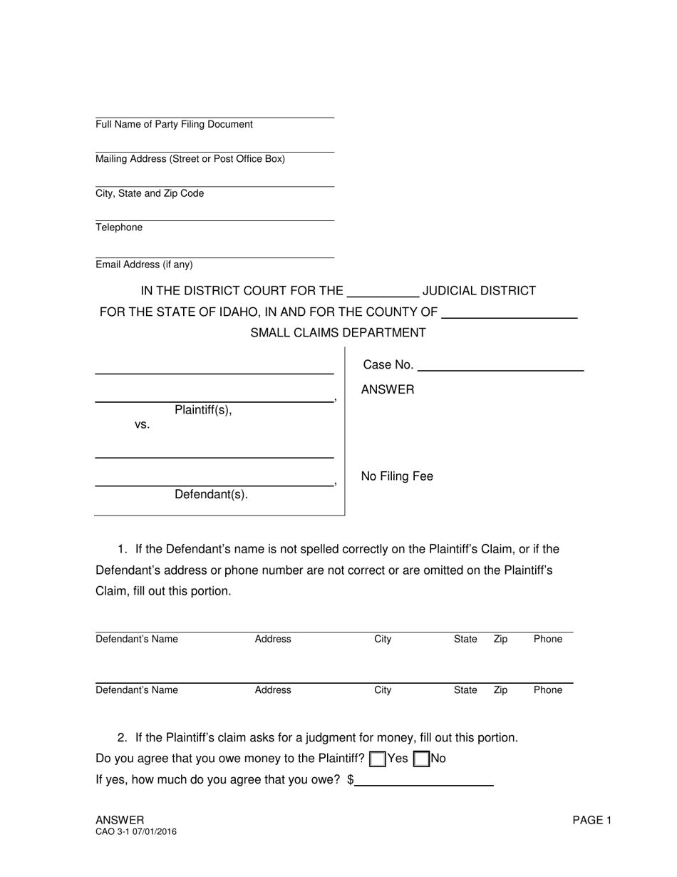 Form CAO3-1 Answer - Idaho, Page 1